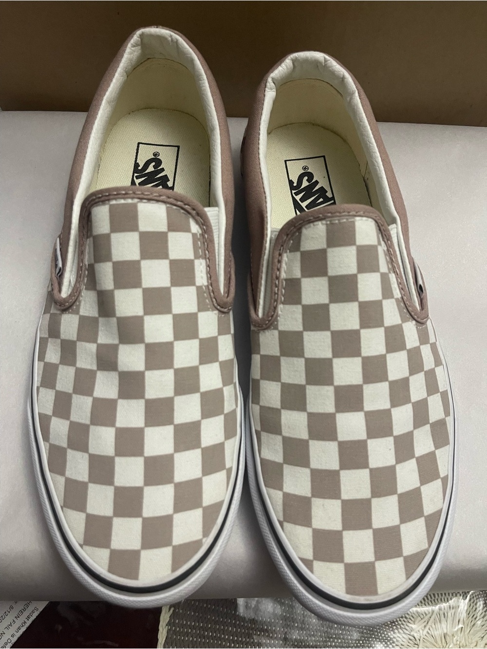 Vans Slip-On Checkerboard Loafers in Beige and White mens size 9 women size 10.5